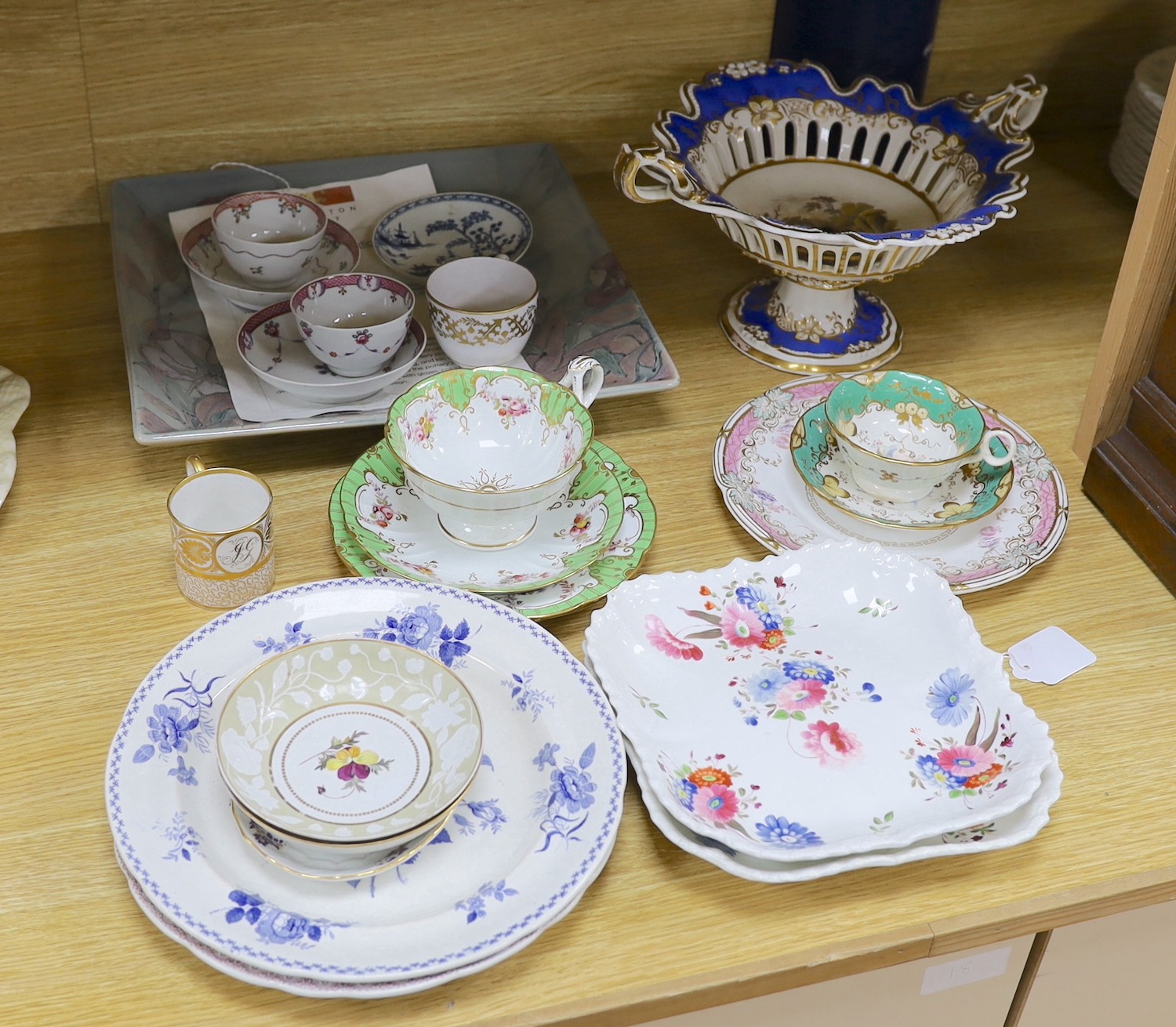 A Worcester Canonball-pattern blue and white saucer, and other 18th and 19th century tableware